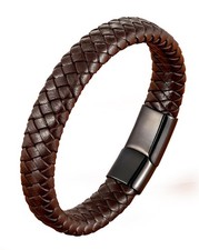 Leather Bracelet for Men, Braided Mens Cuff Bracelets with Stainless Steel Cl...