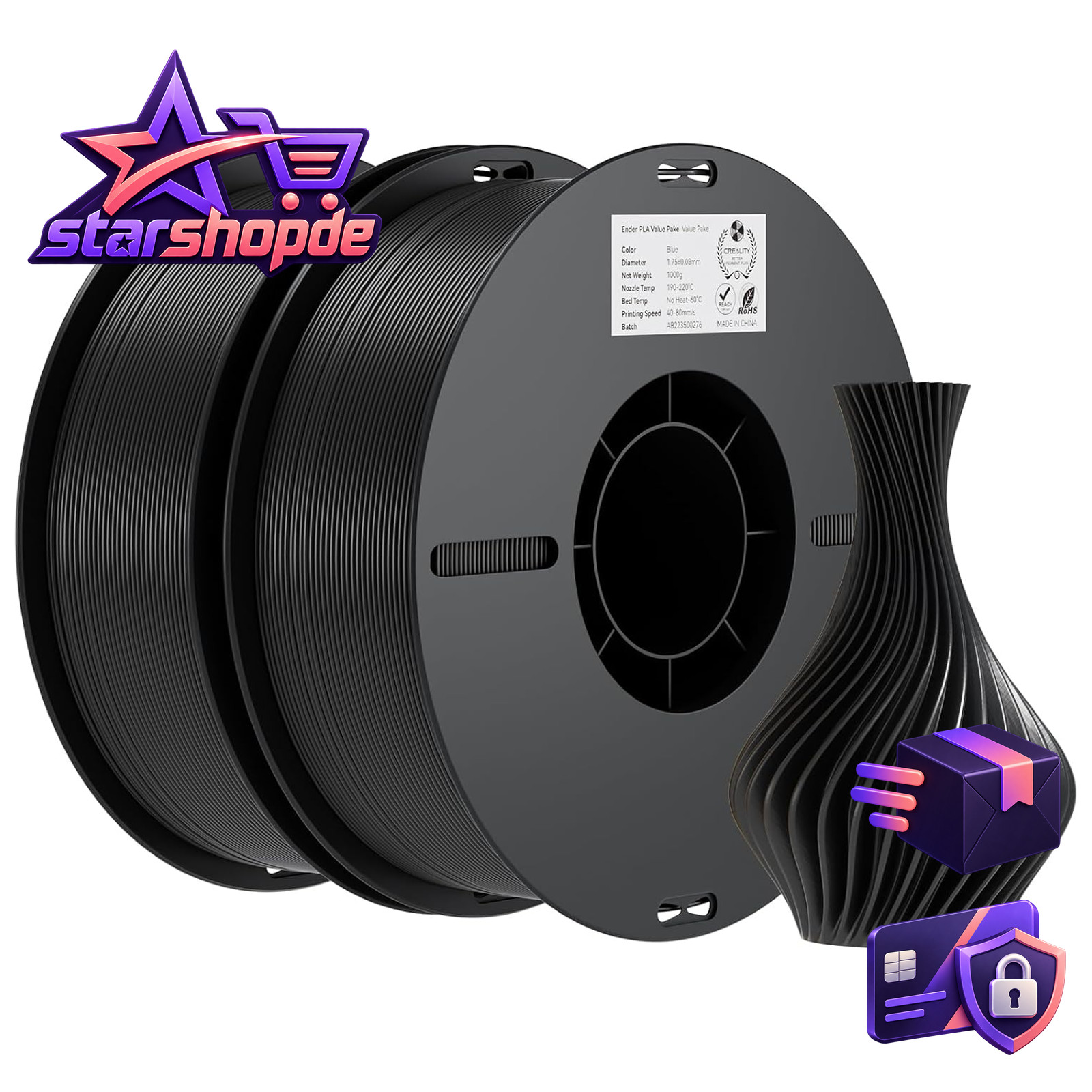 Creality Ender PLA Filament 1,75mm, Schwarz, 2er-Pack 1kg Spulen, Maßgenauigkeit
