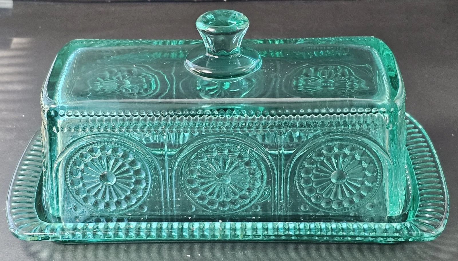The Pioneer Woman Adeline Teal Glass Butter Dish Embossed Vintage Style
Opens in a new window or tab