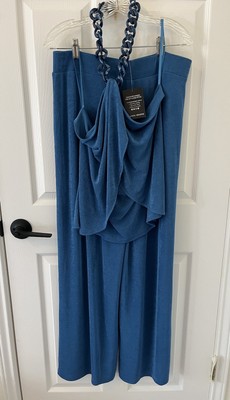 Boston Proper Malibu Slinky Knit Wide Leg Pant Blue & Halter Top Set NWT
