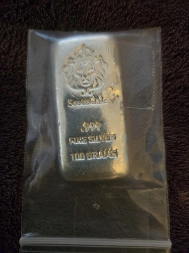 100 Gram Cast Silver Bar by Scottsdale Mint .999 Silver Bullion - 100g