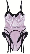 Vtg Style Pink Satin w Black Trim + Garter Belt Teddy Bodysuit Lingerie L NEW