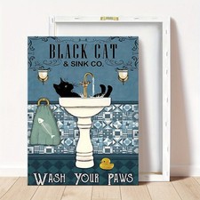 Funny Black Cat Wash Your Paws Framed Canvas Wall Art 12x16in Bathroom Decor