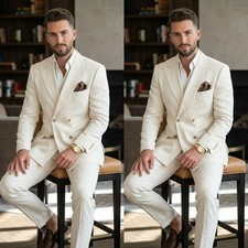 Beige Linen Men's Suits Peak Lapel Double Breasted Formal Business Men Tuxedos