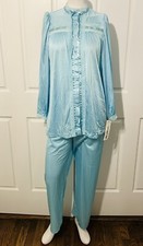 Vintage 1970s Miss Elaine Nylon Light Blue Pajamas Set Top Bottoms NEW Old Stock