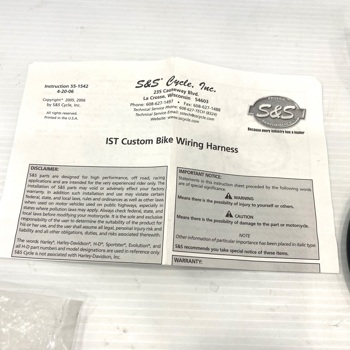 S&S EVO 84-99 Harley IST Ignition Custom Bike Wire Harness Data