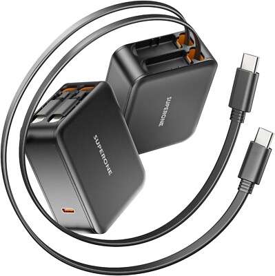 SUPERONE 62W Retractable Wall Charger with Dual Cables 3-Port USB C Charger B...