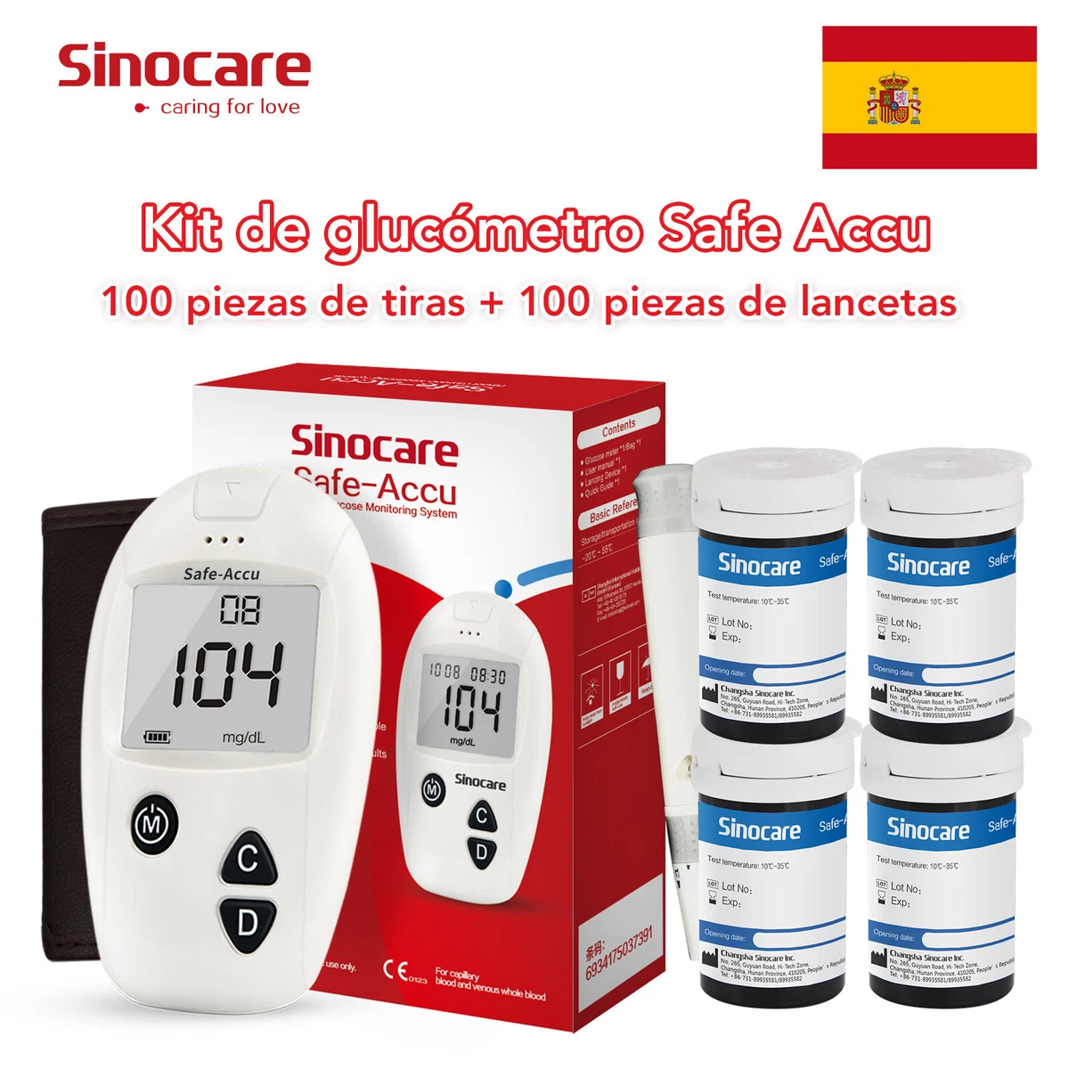 Glucómetro Medidor de glucosa en sangre Diabetes con 100 Tiras-mg/dl