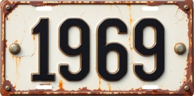 1969 Flat Text Rusty License plate for Dodge, Ford, Chevrolet antique vehicle
