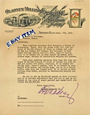 1916 SHERMAN TEXAS letterhead S.W. GLADNEY MILLING Flour A. FIELDER D. W. GULICK