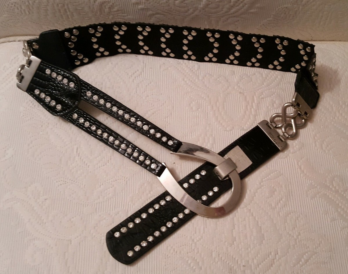 Belt black patent leather and rhinestone studs with silver 