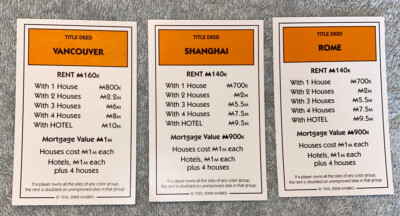 Monopoly Here & Now: The World Edition 3 Orange Property Cards Replacement