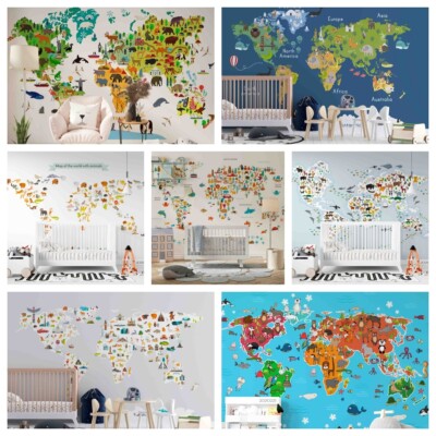 3D World Map Animals Self-adhesive Wallpaper Removable Wallpaper Wall Mural