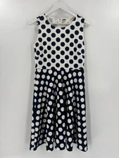 Tahari Dress Womens 8 Blue White Polka Dot Sleeveless A Line Stretch Knee Length