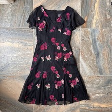 Adrianna Papell Black Floral Embroidered Midi Dress Size 8 Flutter Sleeve V-Neck