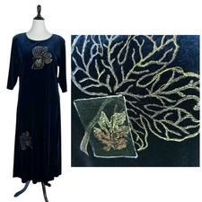 BREEZY MODE New Blue Velvet Long Maxi DRESS Vintage Medium Leaf Artsy NWT Tunic