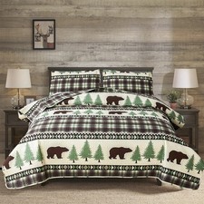 Cabin Bear Quilts Set Full/Queen Size, Lightweight Plaid Bedspread Coverlet R...