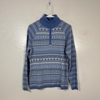Title Nine Sweater Womens Medium Blue Wool 1/4 Zip Mock Neck Fair Isle Knit