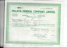 MALAYA  GENERAL  COMPANY  SHARE  CERTIFICATE  1919