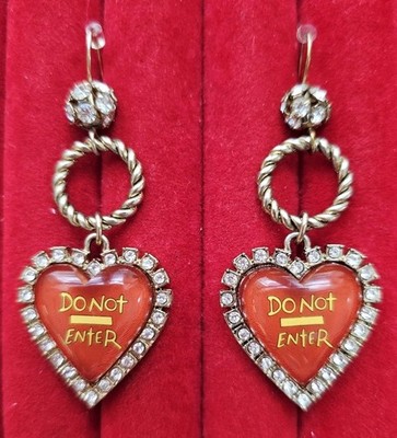Betsey Johnson Vtg Rare Red Lucite Heart Taxi Girl DO NOT ENTER Crystal Earrings