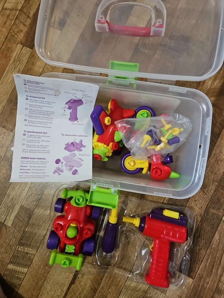 MOTOR WORKS - 3 Vehículos de Juguete - Motocicleta, Avión y Coche de Carreras - Taladro Batería Foto 4 de 4