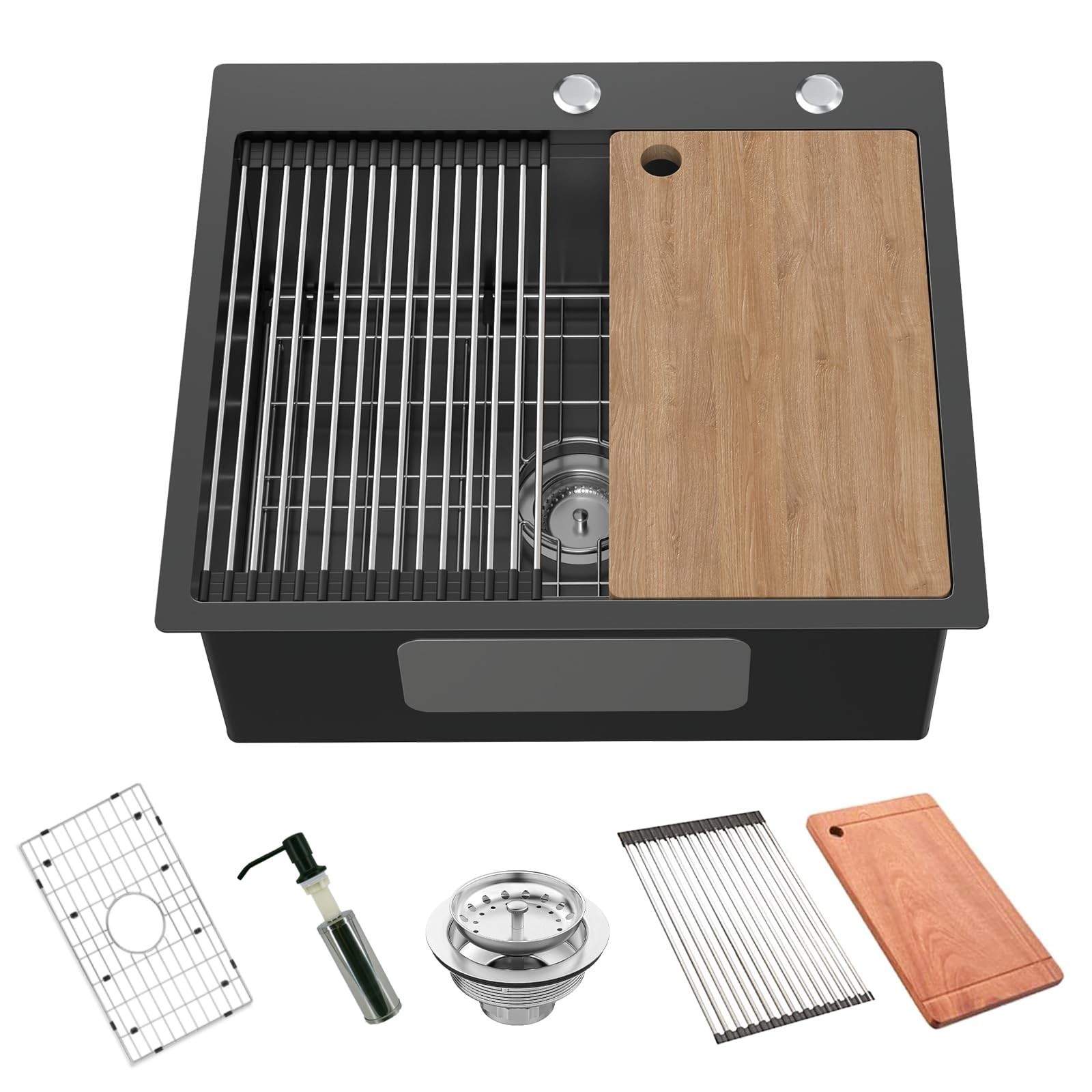 Black Kitchen Sink Workstation, 25x22 Inch Stainless Steel Drop In Modern Lar...