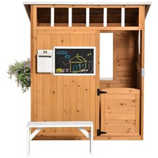 Spielhaus f&uuml;r Kinder Holz Kinderspielhaus mit Fenster Briefkasten Blumentopfrack