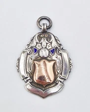 ANTIQUE STERLING SILVER GOLD & ENAMEL FOOTBALL FOB MEDAL Birmingham 1932