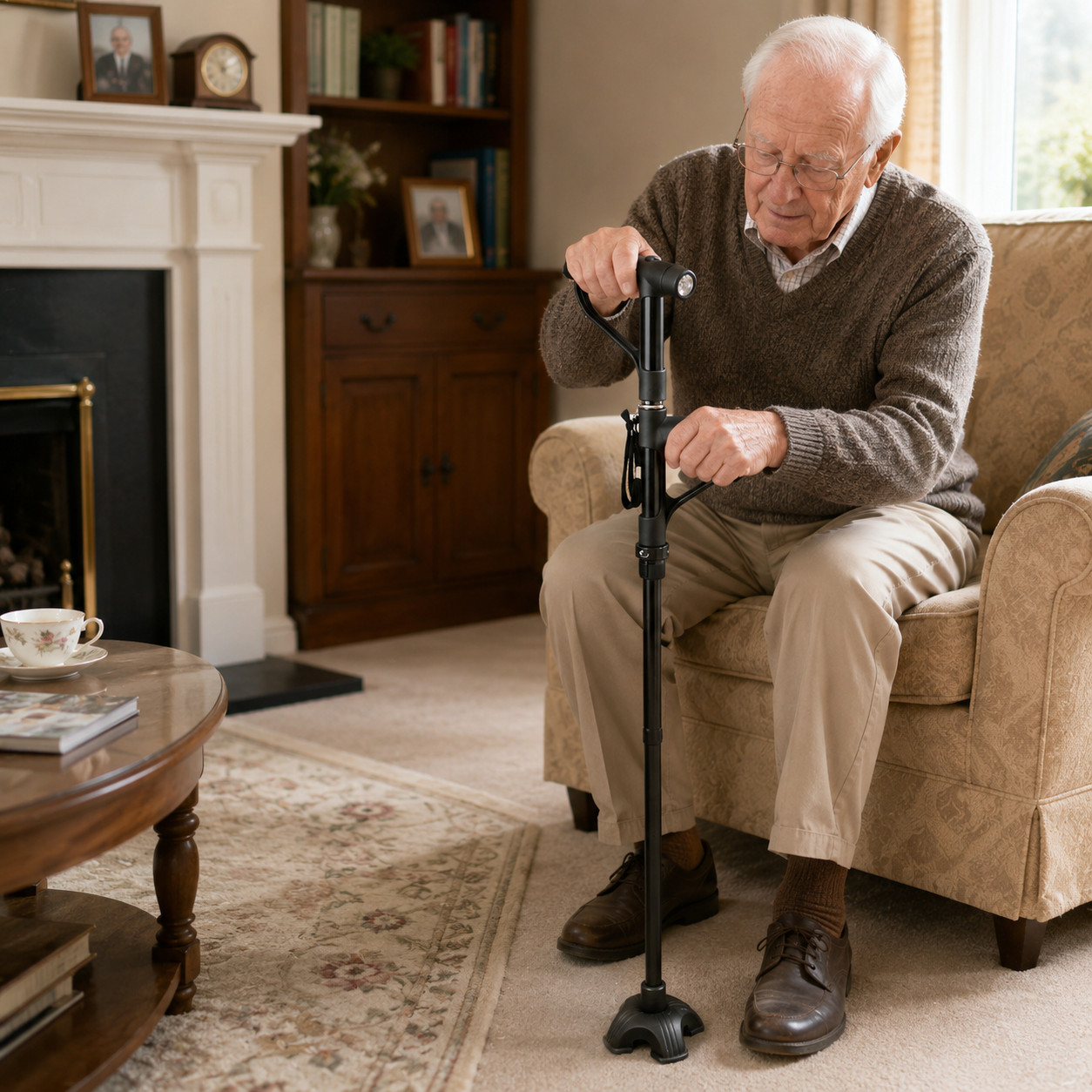 Avilo - Walking Stick Cane - LED Torch - Pivoting Handle - Four-Footed Base - Image 2