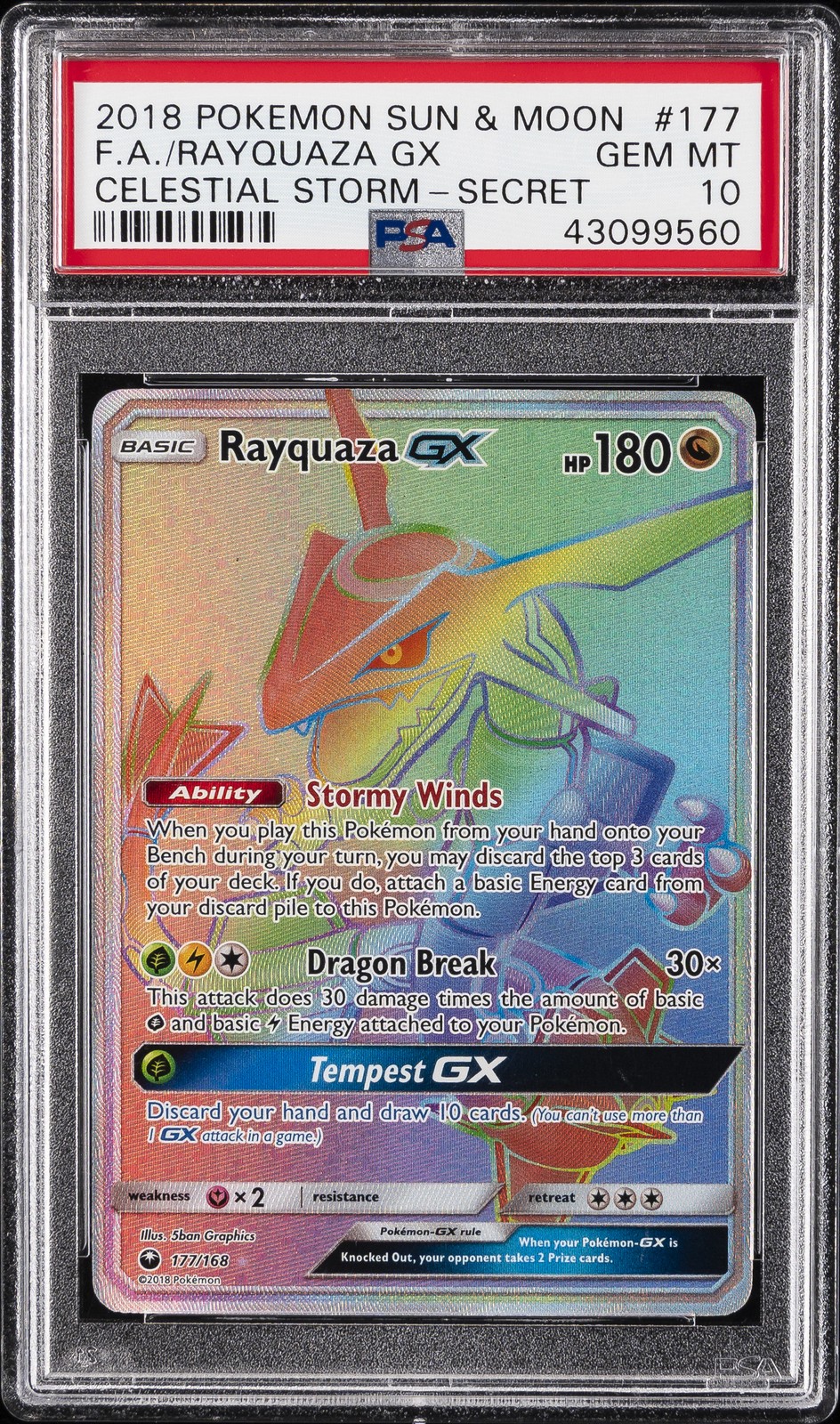 2018 POKEMON SUN & MOON CELESTIAL STORM SECRET #177 FULL ART/RAYQUAZA GX PSA 10