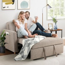 3-in-1 Convertible Pull Out Couch Bed Futon Sofa, Linen Fabric Loveseat Couch