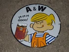 VINTAGE DENNIS THE MENACE+ A & W ROOT BEER 11 3/4" PORCELAIN METAL SODA GAS SIGN