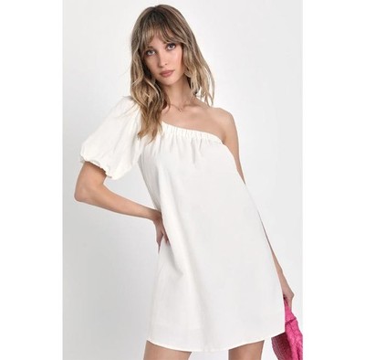 Cutest Energy White Linen One-Shoulder Shift Dress Pockets, NWT - Women's Medium