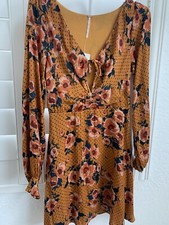 Free People Floral Design Mustard Brown Boho Hippy Styl Woman’s Size 4 New Dress