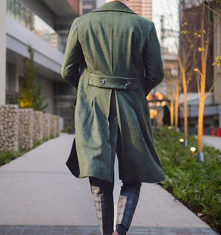 Mens Army Green Woolen Jacket Double-breasted Long Trench Overcoat