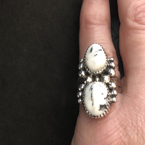 2 stone White Buffalo & Sterling Silver Ring TJM Avin Joe Navajo sz 6 R0184 - Picture 7 of 8