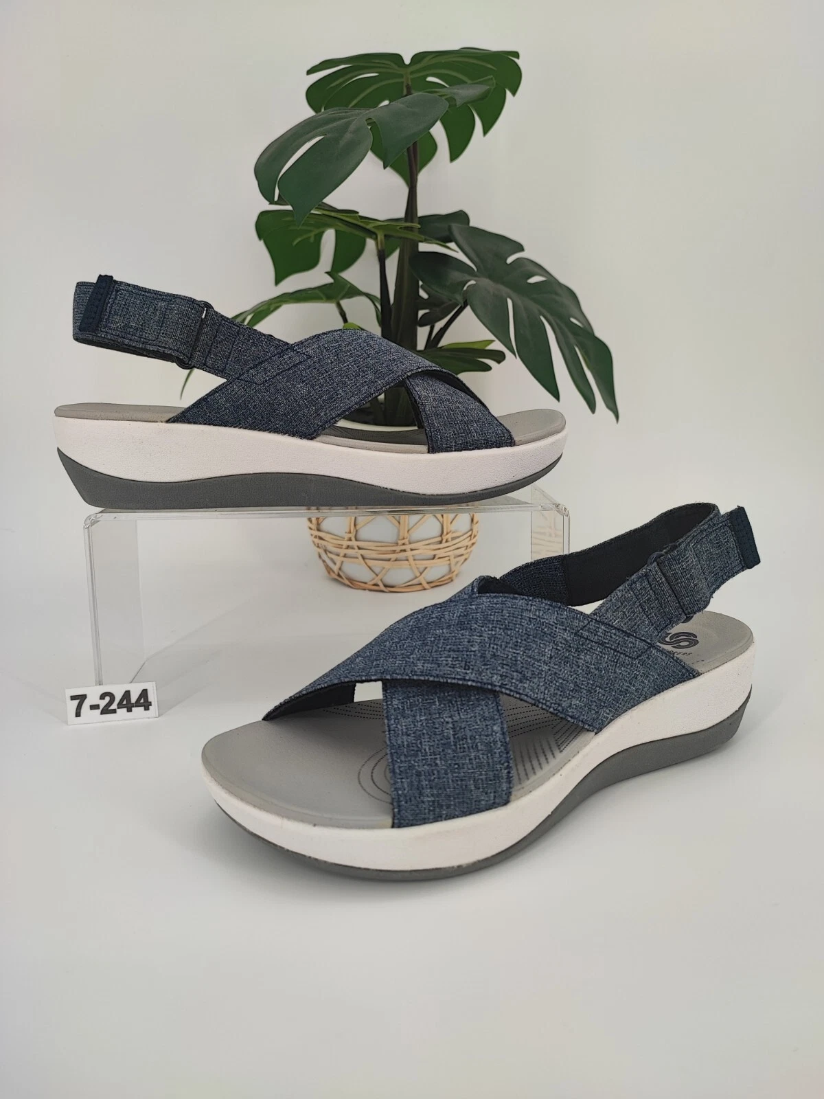 CLARKS Clark's sandalo donna Cloudsteppers morbido imbottito denim blu slip on taglia 7M US