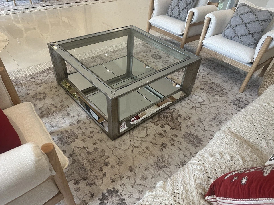 Z Gallerie Coffee Table Antique Gold Wood Mirrored Glass Top - Orig $1500 Miami - Image 4 of 4