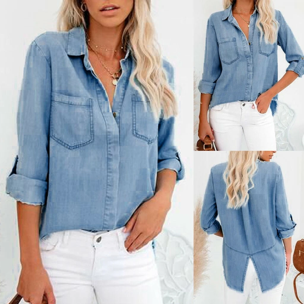 Women Casual Denim Shirt Blouse Back Slit Ladies Classic Blue Jean Shirts  Pocket