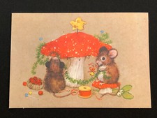 Vintage Hallmark Christmas Card Mouse Mice Decorate Mushroom Tree NOS wEnvelope