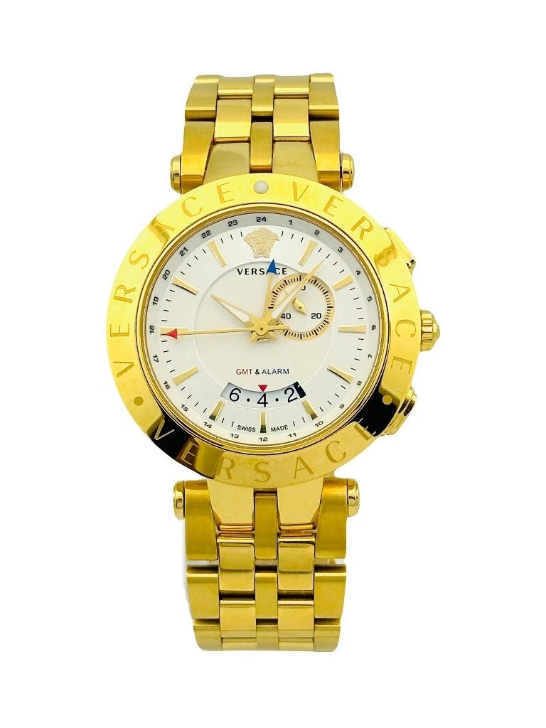 Versace V-Race Men’s 29G70D001S070 GMT Golden Stainless Steel 46mm Case  Watch