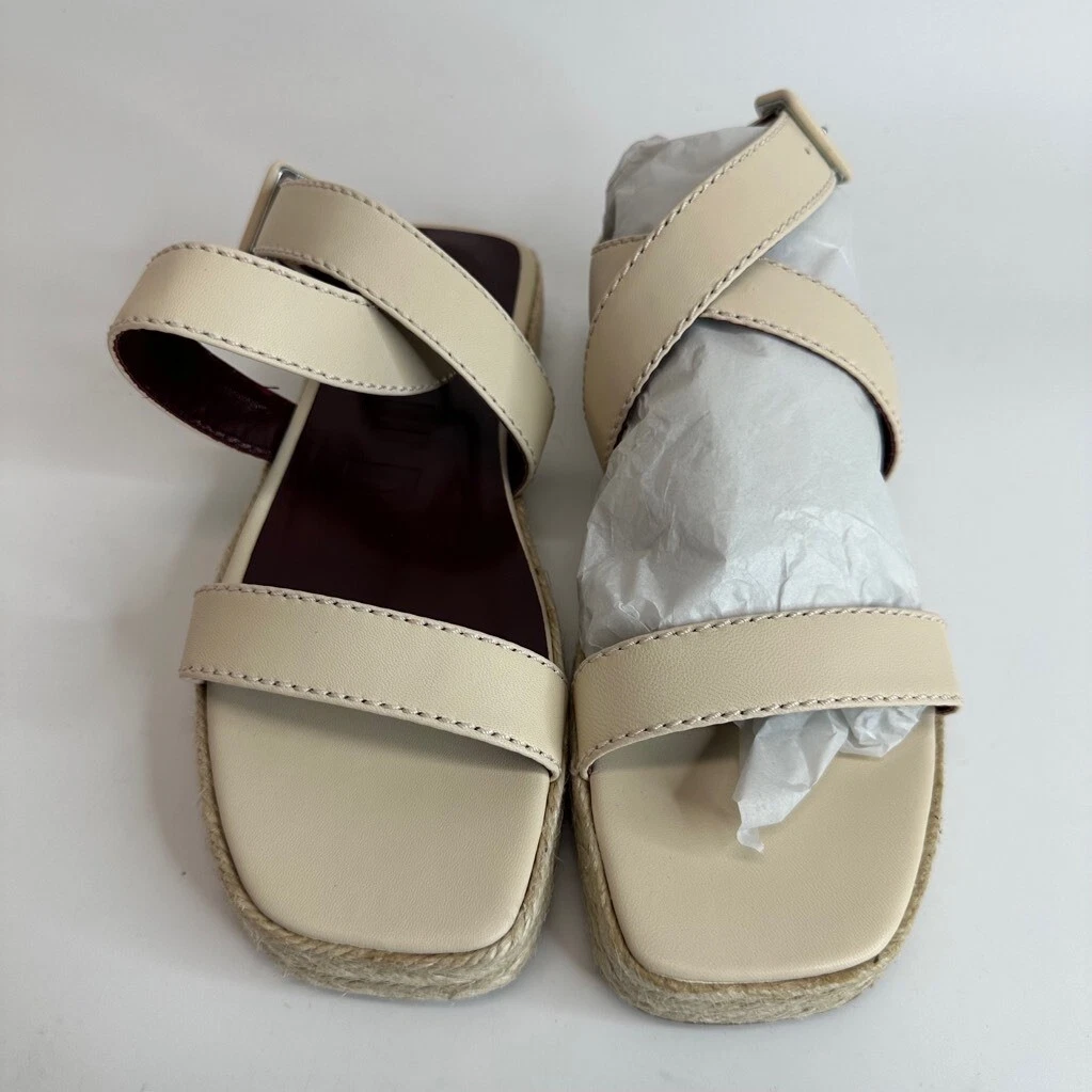 Staud Womens Lara Espadrilles Sandals Beige Cream Leather Low Heel