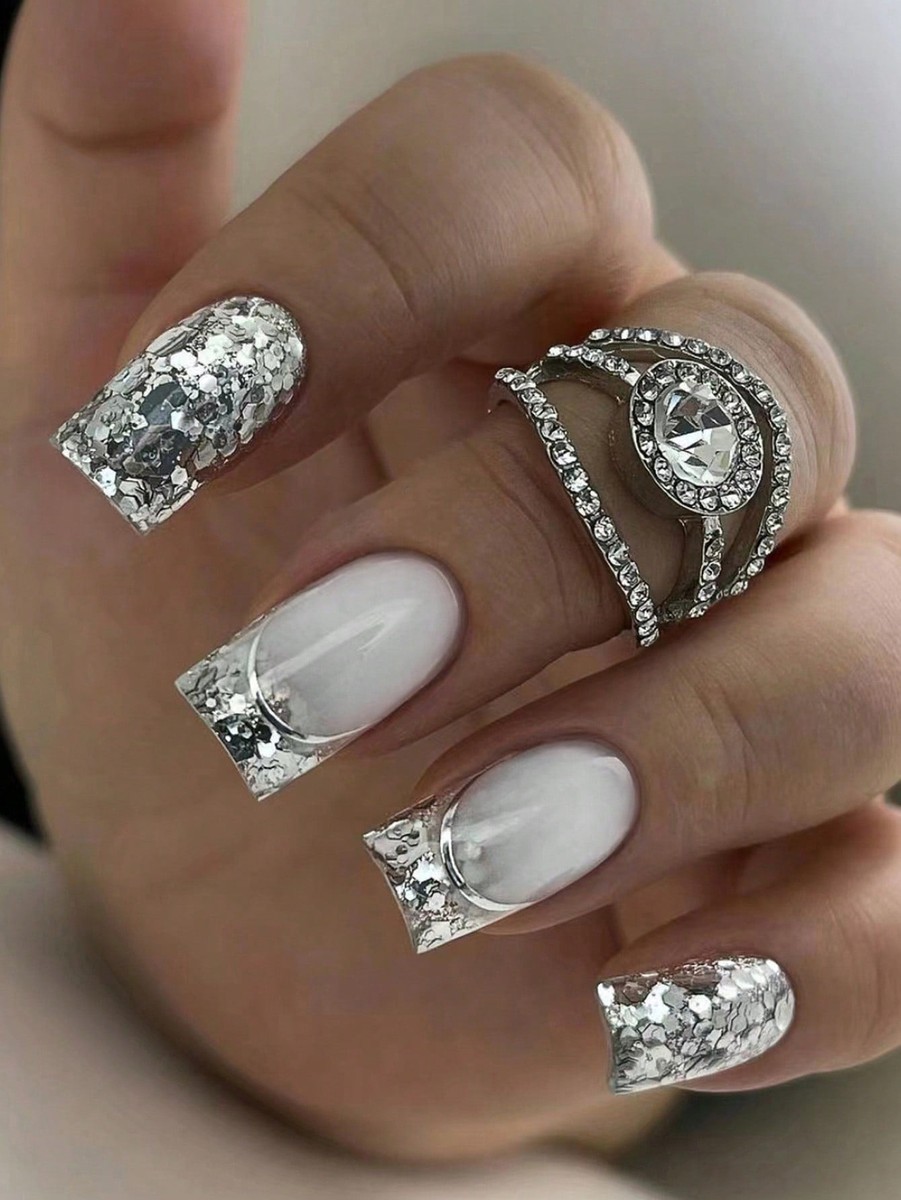 24pcs Square Glitter Sequin Silver Gradient Decor Fake Nail