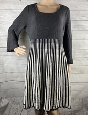 Calvin Klein Sweater Dress Large Gray Ivory Striped Texture Knit Scoop Neck Cute