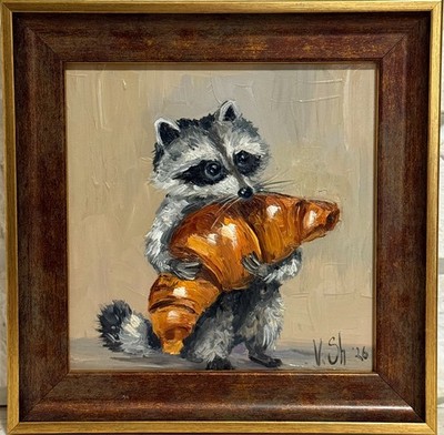 Raccoon with Croissant Original Oil Painting  Funny Animal Wall Art Framed