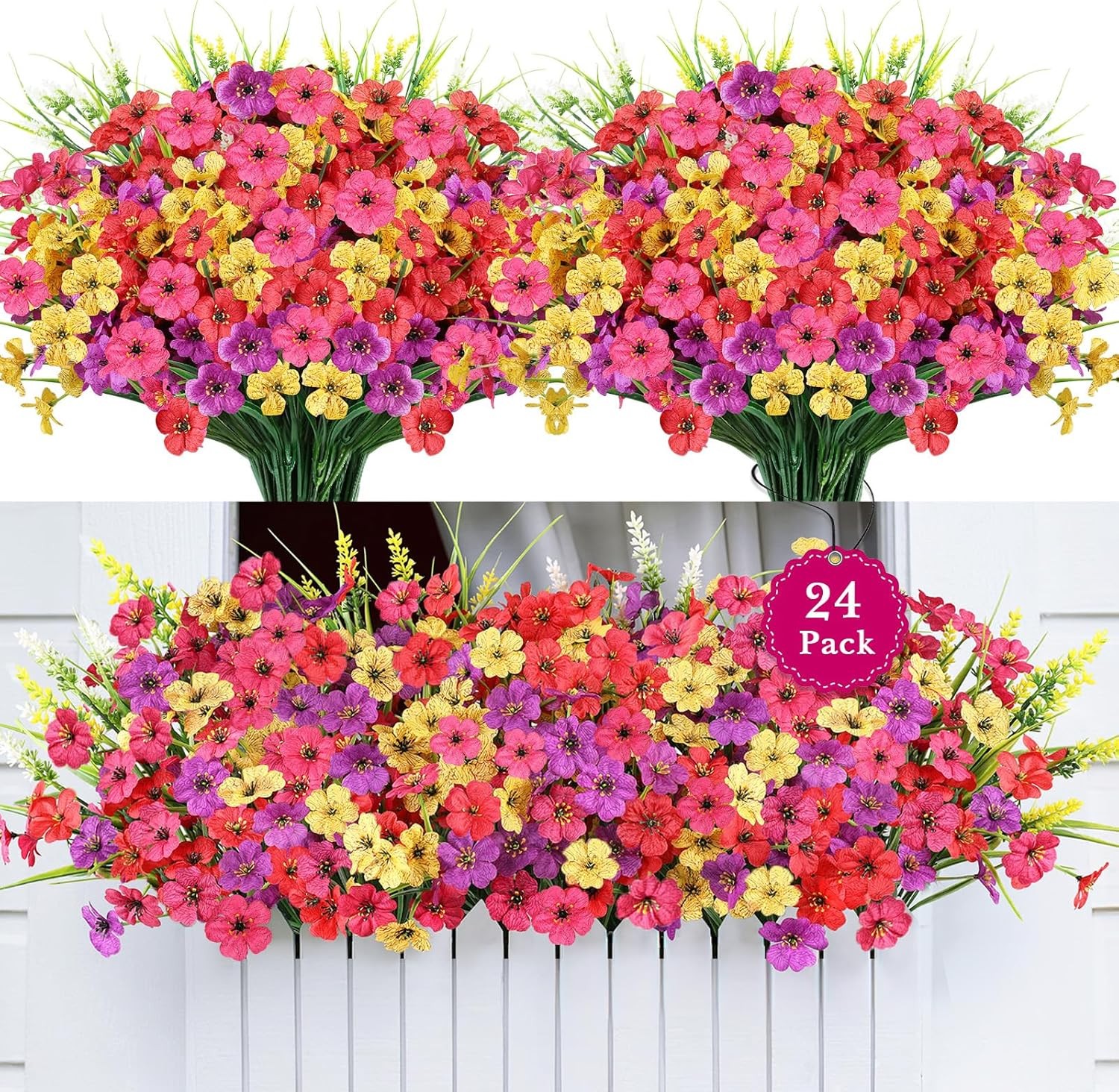 24 Bundles Realistic Fake Flowers for Outdoors, No Fade Faux Silk Flowers 