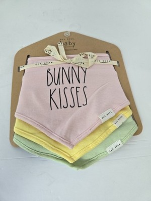 Rae Dunn  Baby Bib Set Bunny Kisses NEW set of 3 Bandana Bibs pink Spring