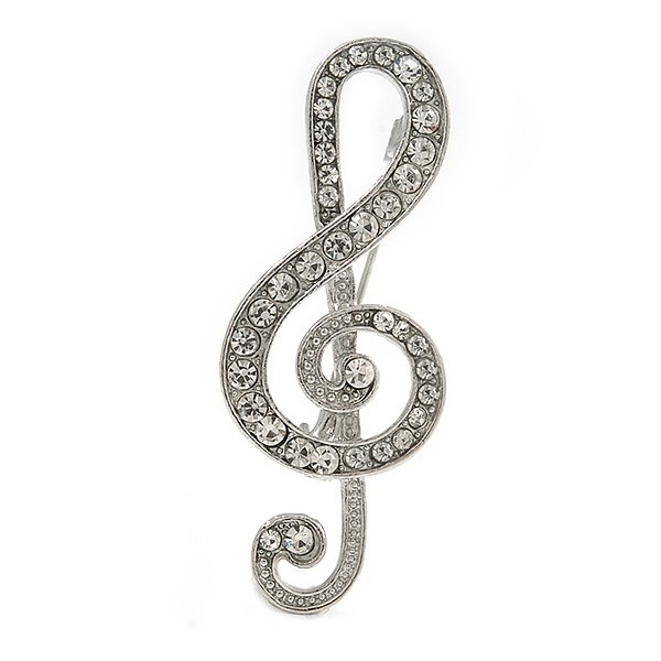 Clear Crystal Treble Clef Brooch In Silver Tone Metal - 45mm Long