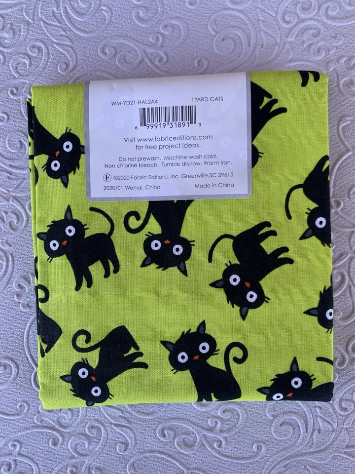 Tecido Create it corte 1 jarda Halloween gatos pretos, tecido de algodão, verde e preto - Imagem 2 de 2