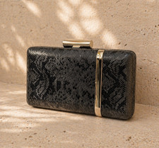 Elegant Black Snakeskin Effect Clutch Bag Gold Frame Evening Party Formal Purse